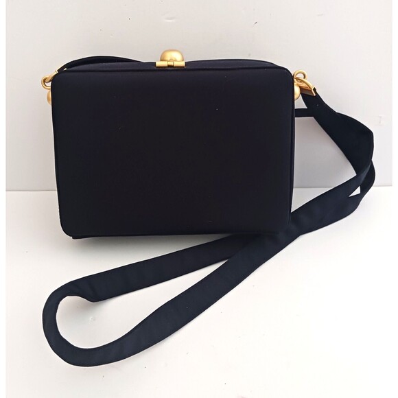 VTG Jay Herbert Blk Box Bag Brushed Gold Top Clasp Crossbody Strap Made Korea - Picture 6 of 14